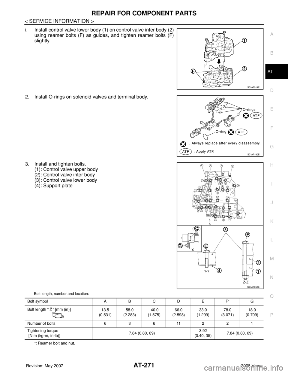 NISSAN LATIO 2008 Service Repair Manual REPAIR FOR COMPONENT PARTS
AT-271
< SERVICE INFORMATION >
D
E
F
G
H
I
J
K
L
MA
B
AT
N
O
P
i. Install control valve lower body (1) on control valve inter body (2)
using reamer bolts (F) as guides, and NISSAN LATIO 2008 Service Repair Manual REPAIR FOR COMPONENT PARTS
AT-271
< SERVICE INFORMATION >
D
E
F
G
H
I
J
K
L
MA
B
AT
N
O
P
i. Install control valve lower body (1) on control valve inter body (2)
using reamer bolts (F) as guides, and