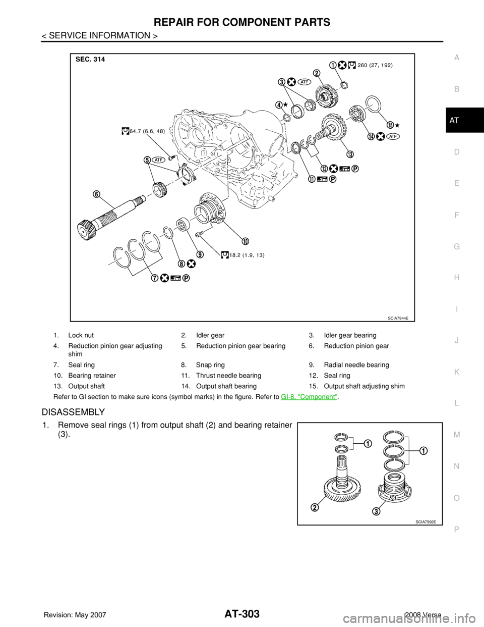 NISSAN LATIO 2008 Service Repair Manual REPAIR FOR COMPONENT PARTS
AT-303
< SERVICE INFORMATION >
D
E
F
G
H
I
J
K
L
MA
B
AT
N
O
P
DISASSEMBLY
1. Remove seal rings (1) from output shaft (2) and bearing retainer
(3).
1. Lock nut 2. Idler gear NISSAN LATIO 2008 Service Repair Manual REPAIR FOR COMPONENT PARTS
AT-303
< SERVICE INFORMATION >
D
E
F
G
H
I
J
K
L
MA
B
AT
N
O
P
DISASSEMBLY
1. Remove seal rings (1) from output shaft (2) and bearing retainer
(3).
1. Lock nut 2. Idler gear