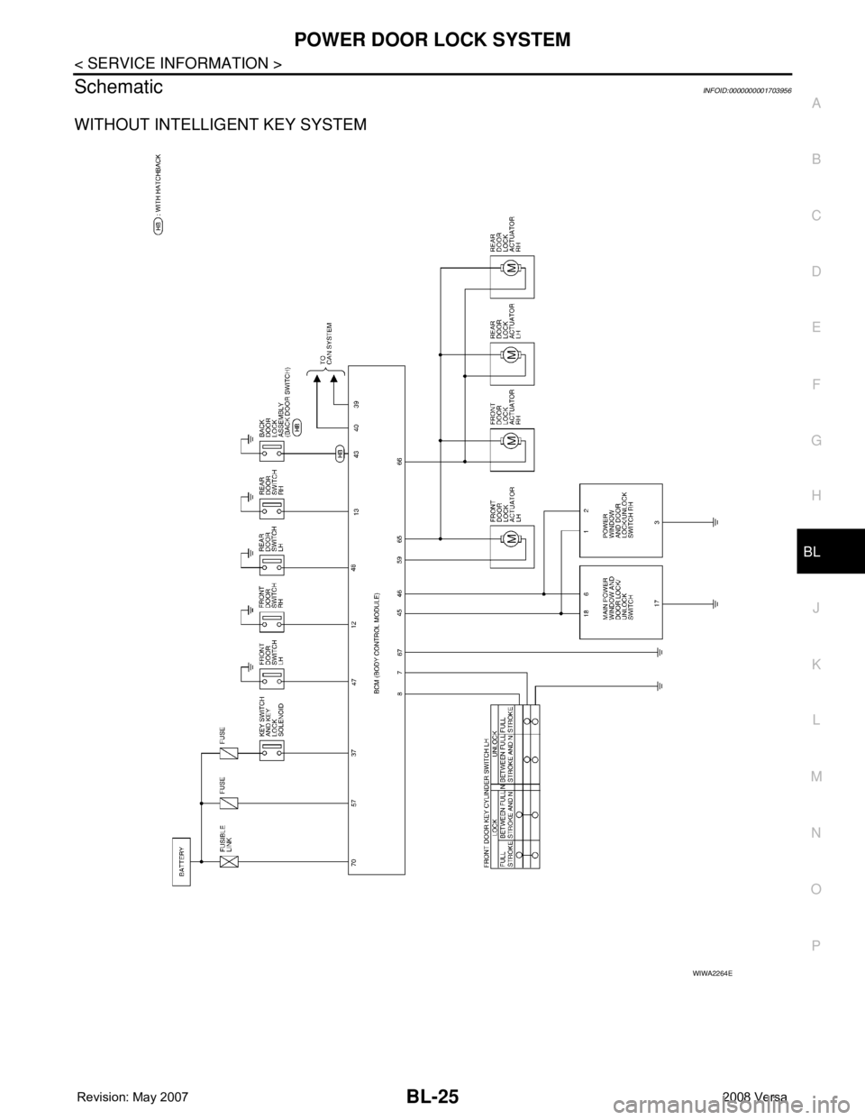 NISSAN LATIO 2008 Service Repair Manual POWER DOOR LOCK SYSTEM
BL-25
< SERVICE INFORMATION >
C
D
E
F
G
H
J
K
L
MA
B
BL
N
O
P
SchematicINFOID:0000000001703956
WITHOUT INTELLIGENT KEY SYSTEM
WIWA2264E NISSAN LATIO 2008 Service Repair Manual POWER DOOR LOCK SYSTEM
BL-25
< SERVICE INFORMATION >
C
D
E
F
G
H
J
K
L
MA
B
BL
N
O
P
SchematicINFOID:0000000001703956
WITHOUT INTELLIGENT KEY SYSTEM
WIWA2264E