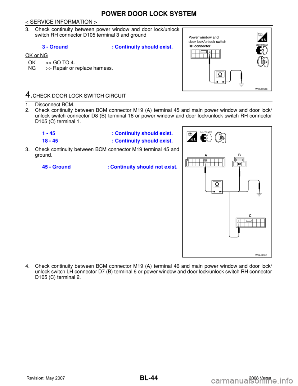 NISSAN LATIO 2008 Service Repair Manual BL-44
< SERVICE INFORMATION >
POWER DOOR LOCK SYSTEM
3. Check continuity between power window and door lock/unlock
switch RH connector D105 terminal 3 and ground
OK or NG
OK >> GO TO 4.
NG >> Repair o NISSAN LATIO 2008 Service Repair Manual BL-44
< SERVICE INFORMATION >
POWER DOOR LOCK SYSTEM
3. Check continuity between power window and door lock/unlock
switch RH connector D105 terminal 3 and ground
OK or NG
OK >> GO TO 4.
NG >> Repair o
