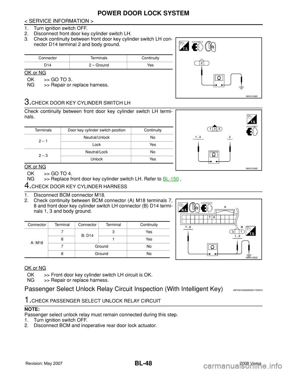 NISSAN LATIO 2008 Service Repair Manual BL-48
< SERVICE INFORMATION >
POWER DOOR LOCK SYSTEM
1. Turn ignition switch OFF.
2. Disconnect front door key cylinder switch LH.
3. Check continuity between front door key cylinder switch LH con-
ne NISSAN LATIO 2008 Service Repair Manual BL-48
< SERVICE INFORMATION >
POWER DOOR LOCK SYSTEM
1. Turn ignition switch OFF.
2. Disconnect front door key cylinder switch LH.
3. Check continuity between front door key cylinder switch LH con-
ne