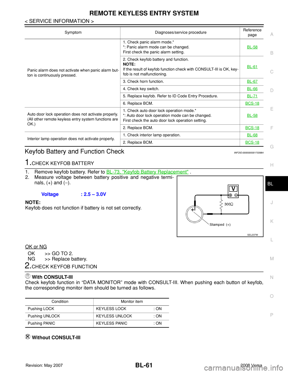 NISSAN LATIO 2008  Service Repair Manual REMOTE KEYLESS ENTRY SYSTEM
BL-61
< SERVICE INFORMATION >
C
D
E
F
G
H
J
K
L
MA
B
BL
N
O
P
Keyfob Battery and Function CheckINFOID:0000000001703984
1.CHECK KEYFOB BATTERY
1. Remove keyfob battery. Refe