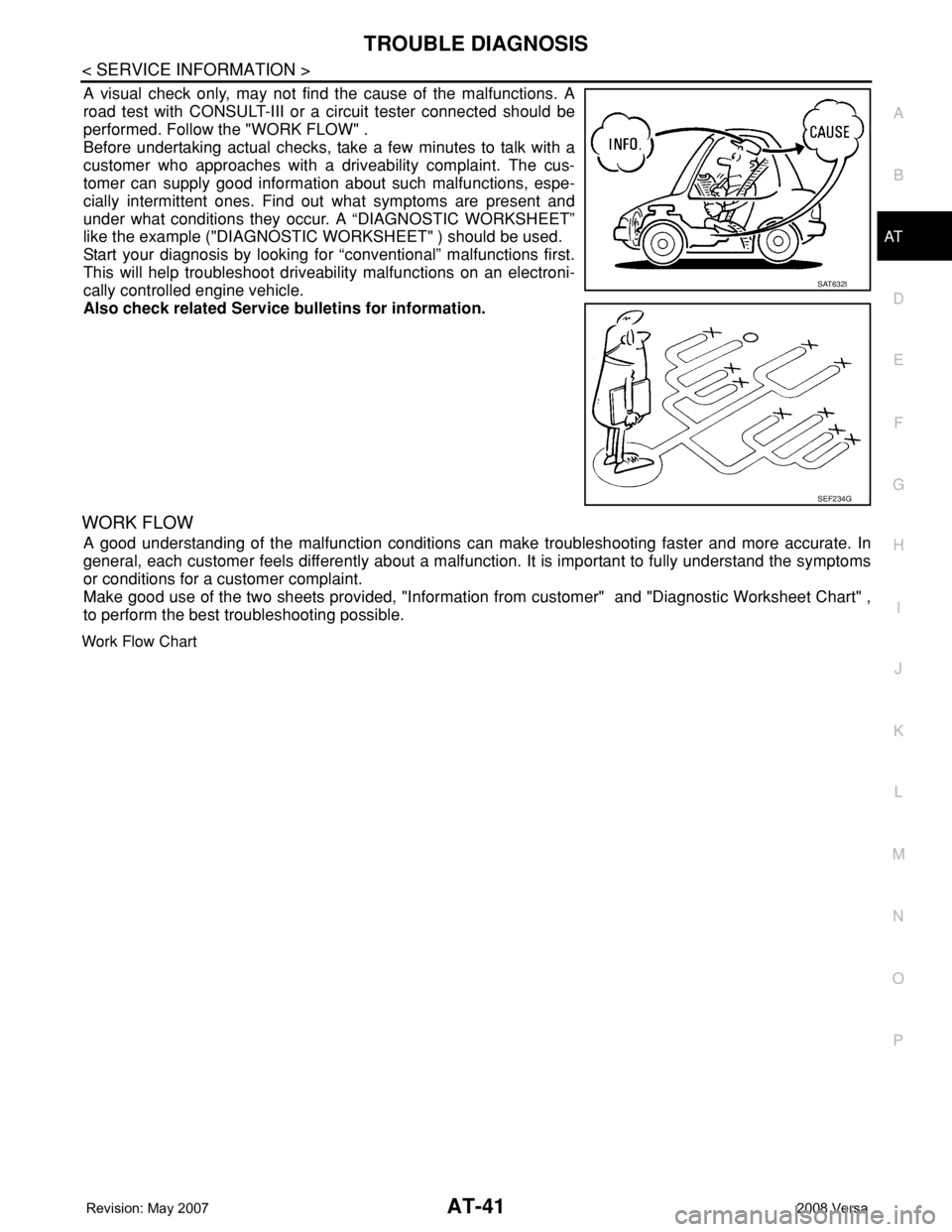 NISSAN LATIO 2008 Service Workshop Manual TROUBLE DIAGNOSIS
AT-41
< SERVICE INFORMATION >
D
E
F
G
H
I
J
K
L
MA
B
AT
N
O
P
A visual check only, may not find the cause of the malfunctions. A
road test with CONSULT-III or a circuit tester connec NISSAN LATIO 2008 Service Workshop Manual TROUBLE DIAGNOSIS
AT-41
< SERVICE INFORMATION >
D
E
F
G
H
I
J
K
L
MA
B
AT
N
O
P
A visual check only, may not find the cause of the malfunctions. A
road test with CONSULT-III or a circuit tester connec