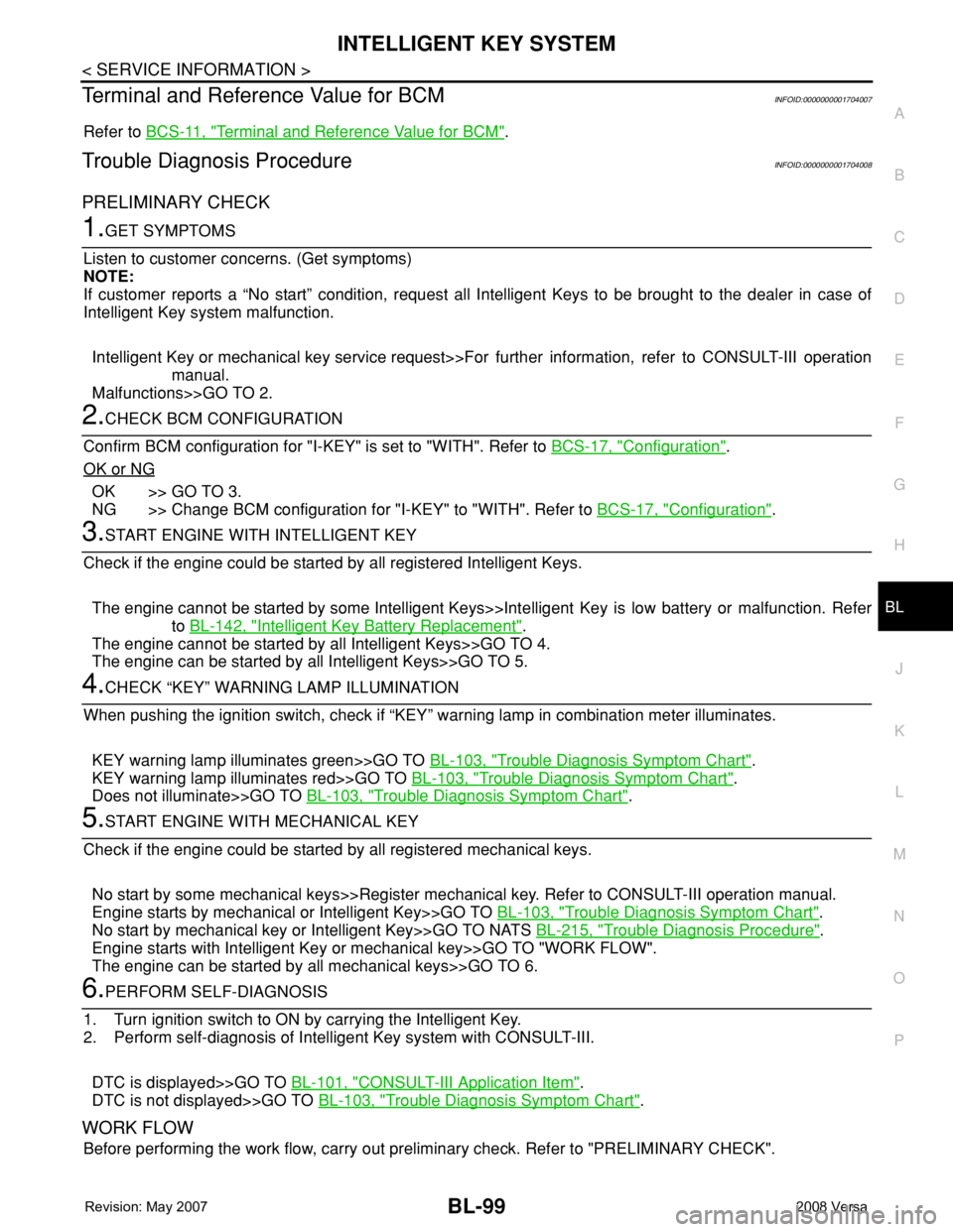 NISSAN LATIO 2008  Service Repair Manual INTELLIGENT KEY SYSTEM
BL-99
< SERVICE INFORMATION >
C
D
E
F
G
H
J
K
L
MA
B
BL
N
O
P
Terminal and Reference Value for BCMINFOID:0000000001704007
Refer to BCS-11, "Terminal and Reference Value for 
