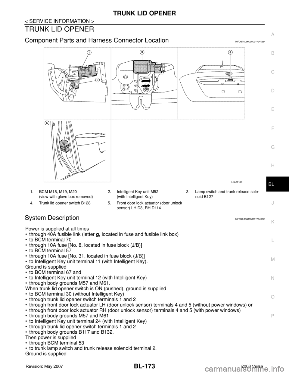 NISSAN LATIO 2008  Service Repair Manual TRUNK LID OPENER
BL-173
< SERVICE INFORMATION >
C
D
E
F
G
H
J
K
L
MA
B
BL
N
O
P
TRUNK LID OPENER
Component Parts and Harness Connector LocationINFOID:0000000001704069
System DescriptionINFOID:00000000