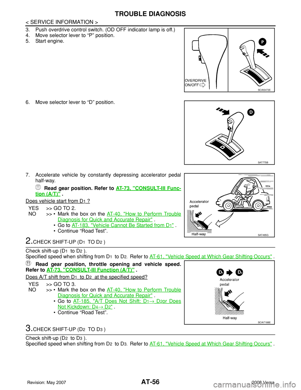 NISSAN LATIO 2008  Service Manual PDF AT-56
< SERVICE INFORMATION >
TROUBLE DIAGNOSIS
3. Push overdrive control switch. (OD OFF indicator lamp is off.) 
4. Move selector lever to “P” position.
5. Start engine.
6. Move selector lever t