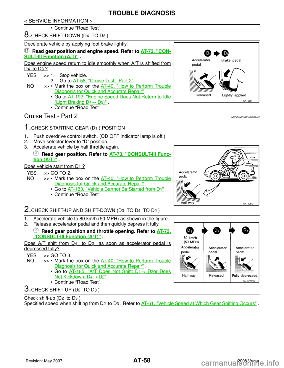 NISSAN LATIO 2008  Service Manual PDF AT-58
< SERVICE INFORMATION >
TROUBLE DIAGNOSIS
• Continue “Road Test”.
8.CHECK SHIFT-DOWN (D4  TO D3 )
Decelerate vehicle by applying foot brake lightly.
 Read gear position and engine speed. R