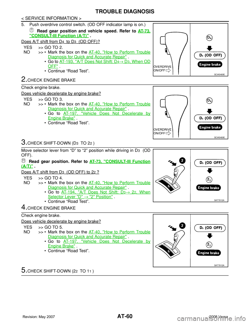 NISSAN LATIO 2008 Service Manual PDF AT-60
< SERVICE INFORMATION >
TROUBLE DIAGNOSIS
5. Push overdrive control switch. (OD OFF indicator lamp is on.)
Read gear position and vehicle speed. Refer to AT-73,
"CONSULT-III Function (A/T)& NISSAN LATIO 2008 Service Manual PDF AT-60
< SERVICE INFORMATION >
TROUBLE DIAGNOSIS
5. Push overdrive control switch. (OD OFF indicator lamp is on.)
Read gear position and vehicle speed. Refer to AT-73,
"CONSULT-III Function (A/T)&