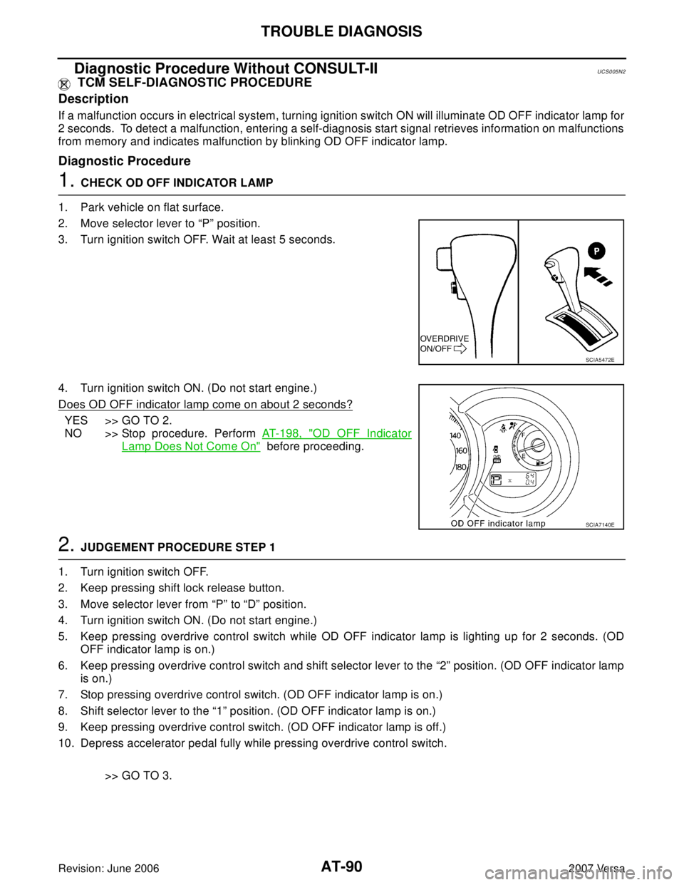 NISSAN LATIO 2007  Service Repair Manual AT-90
TROUBLE DIAGNOSIS
Revision: June 20062007 Versa
Diagnostic Procedure Without CONSULT-IIUCS005N2
 TCM SELF-DIAGNOSTIC PROCEDURE
Description
If a malfunction occurs in electrical system, turning i