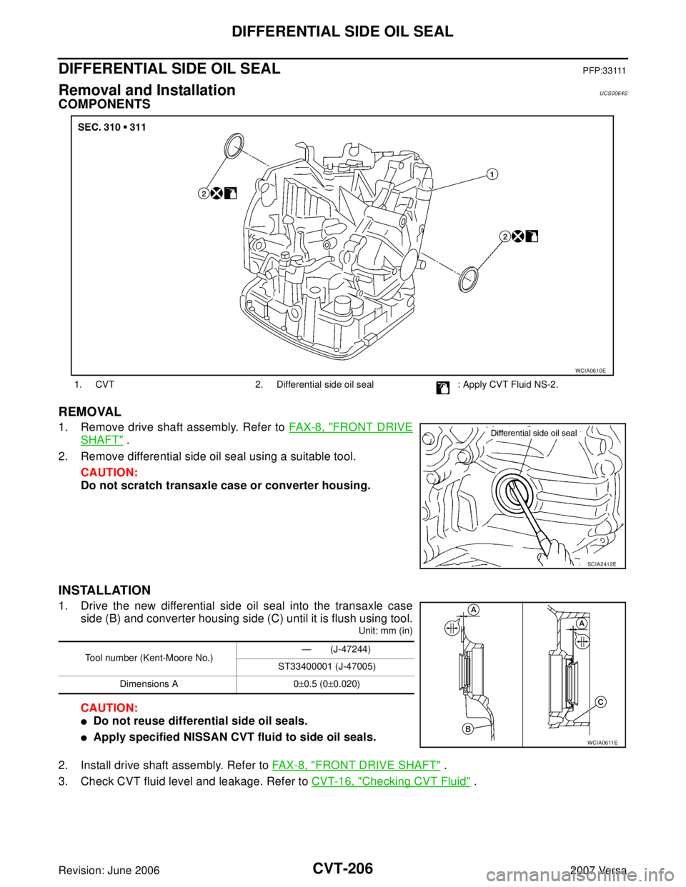 NISSAN LATIO 2007  Service Repair Manual CVT-206
DIFFERENTIAL SIDE OIL SEAL
Revision: June 20062007 Versa
DIFFERENTIAL SIDE OIL SEALP F P : 3 3 111
Removal and InstallationUCS0064S
COMPONENTS
REMOVAL
1. Remove drive shaft assembly. Refer to 