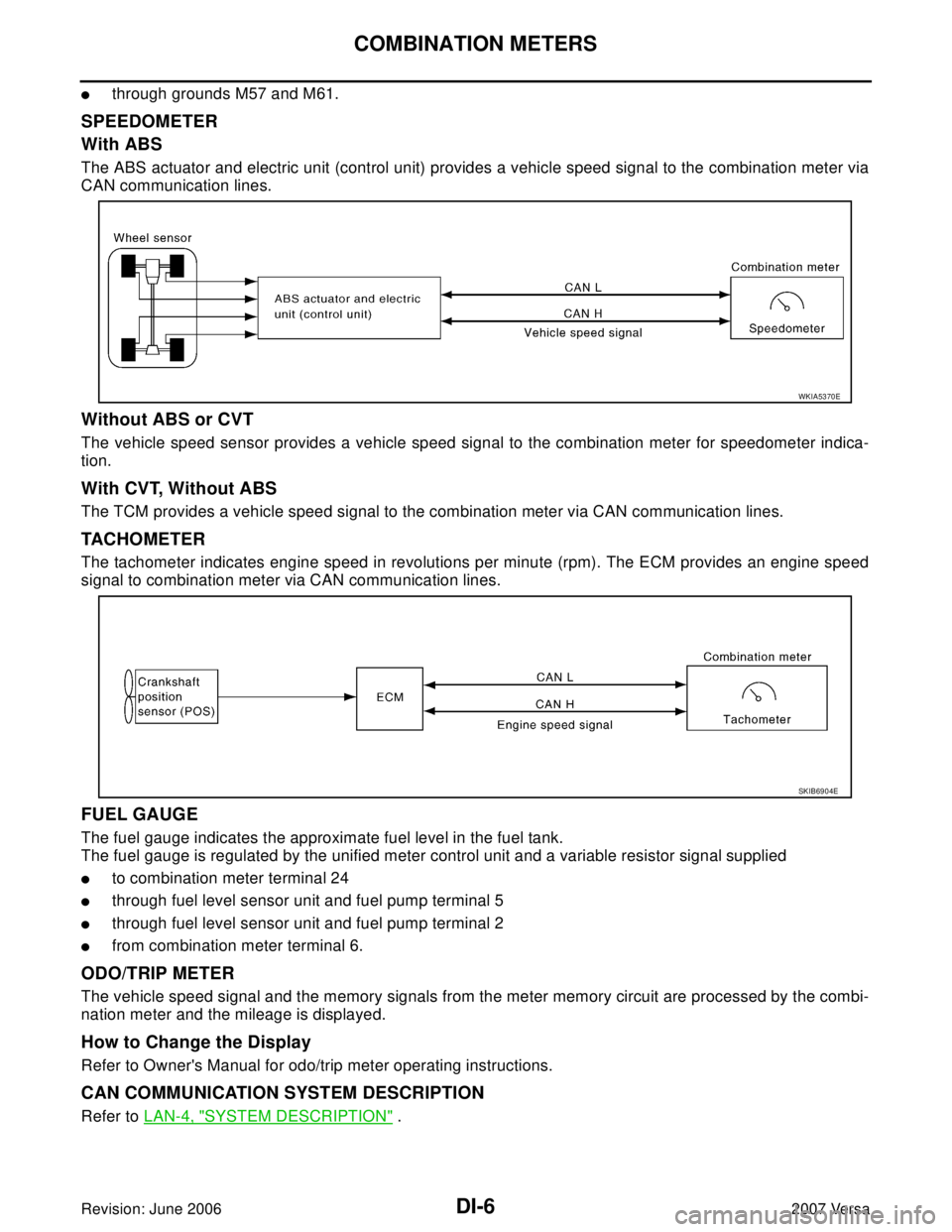 NISSAN LATIO 2007  Service Repair Manual DI-6
COMBINATION METERS
Revision: June 20062007 Versa
through grounds M57 and M61.
SPEEDOMETER
With ABS
The ABS actuator and electric unit (control unit) provides a vehicle speed signal to the combin