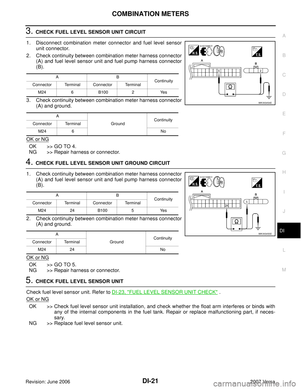 NISSAN LATIO 2007  Service Repair Manual COMBINATION METERS
DI-21
C
D
E
F
G
H
I
J
L
MA
B
DI
Revision: June 20062007 Versa
3. CHECK FUEL LEVEL SENSOR UNIT CIRCUIT 
1. Disconnect combination meter connector and fuel level sensor
unit connector