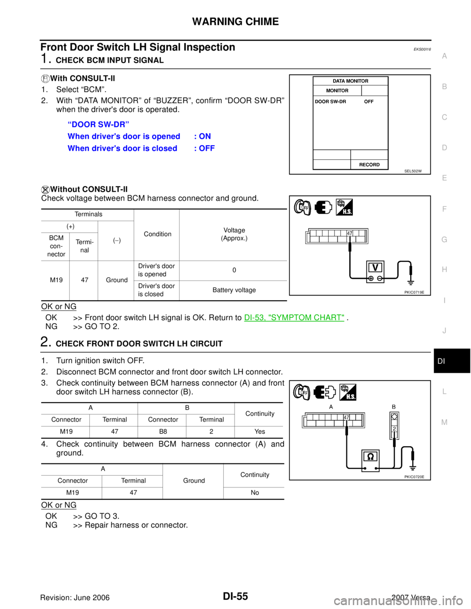 NISSAN LATIO 2007 Service Repair Manual WARNING CHIME
DI-55
C
D
E
F
G
H
I
J
L
MA
B
DI
Revision: June 20062007 Versa
Front Door Switch LH Signal InspectionEKS00I16
1. CHECK BCM INPUT SIGNAL
With CONSULT-II
1. Select “BCM”.
2. With “DAT NISSAN LATIO 2007 Service Repair Manual WARNING CHIME
DI-55
C
D
E
F
G
H
I
J
L
MA
B
DI
Revision: June 20062007 Versa
Front Door Switch LH Signal InspectionEKS00I16
1. CHECK BCM INPUT SIGNAL
With CONSULT-II
1. Select “BCM”.
2. With “DAT
