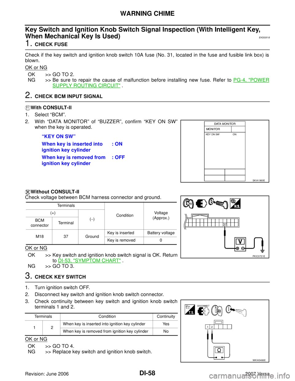 NISSAN LATIO 2007 Service Repair Manual DI-58
WARNING CHIME
Revision: June 20062007 Versa
Key Switch and Ignition Knob Switch Signal Inspection (With Intelligent Key,
When Mechanical Key Is Used)
EKS00I18
1. CHECK FUSE
Check if the key swi NISSAN LATIO 2007 Service Repair Manual DI-58
WARNING CHIME
Revision: June 20062007 Versa
Key Switch and Ignition Knob Switch Signal Inspection (With Intelligent Key,
When Mechanical Key Is Used)
EKS00I18
1. CHECK FUSE
Check if the key swi