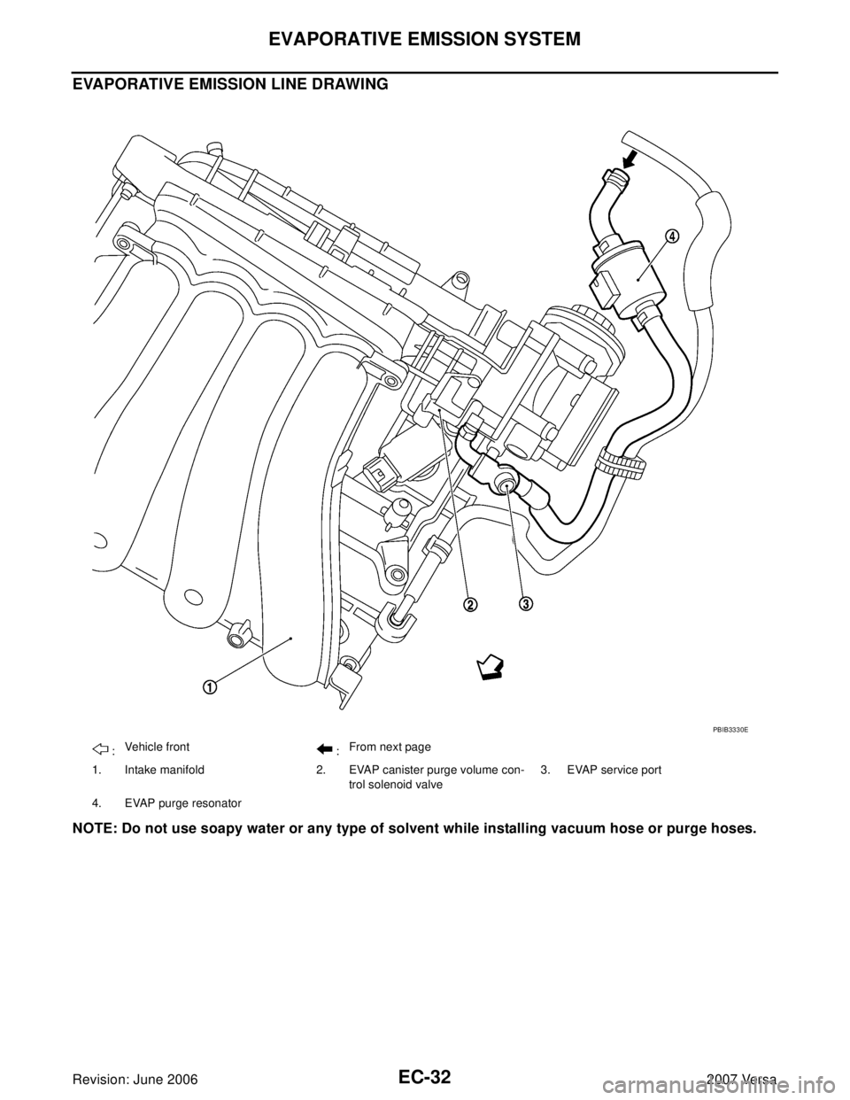 NISSAN LATIO 2007 Service Repair Manual EC-32Revision: June 2006
EVAPORATIVE EMISSION SYSTEM
2007 Versa
EVAPORATIVE EMISSION LINE DRAWING
NOTE: Do not use soapy water or any type of solvent while installing vacuum hose or purge hoses.
:Veh NISSAN LATIO 2007 Service Repair Manual EC-32Revision: June 2006
EVAPORATIVE EMISSION SYSTEM
2007 Versa
EVAPORATIVE EMISSION LINE DRAWING
NOTE: Do not use soapy water or any type of solvent while installing vacuum hose or purge hoses.
:Veh