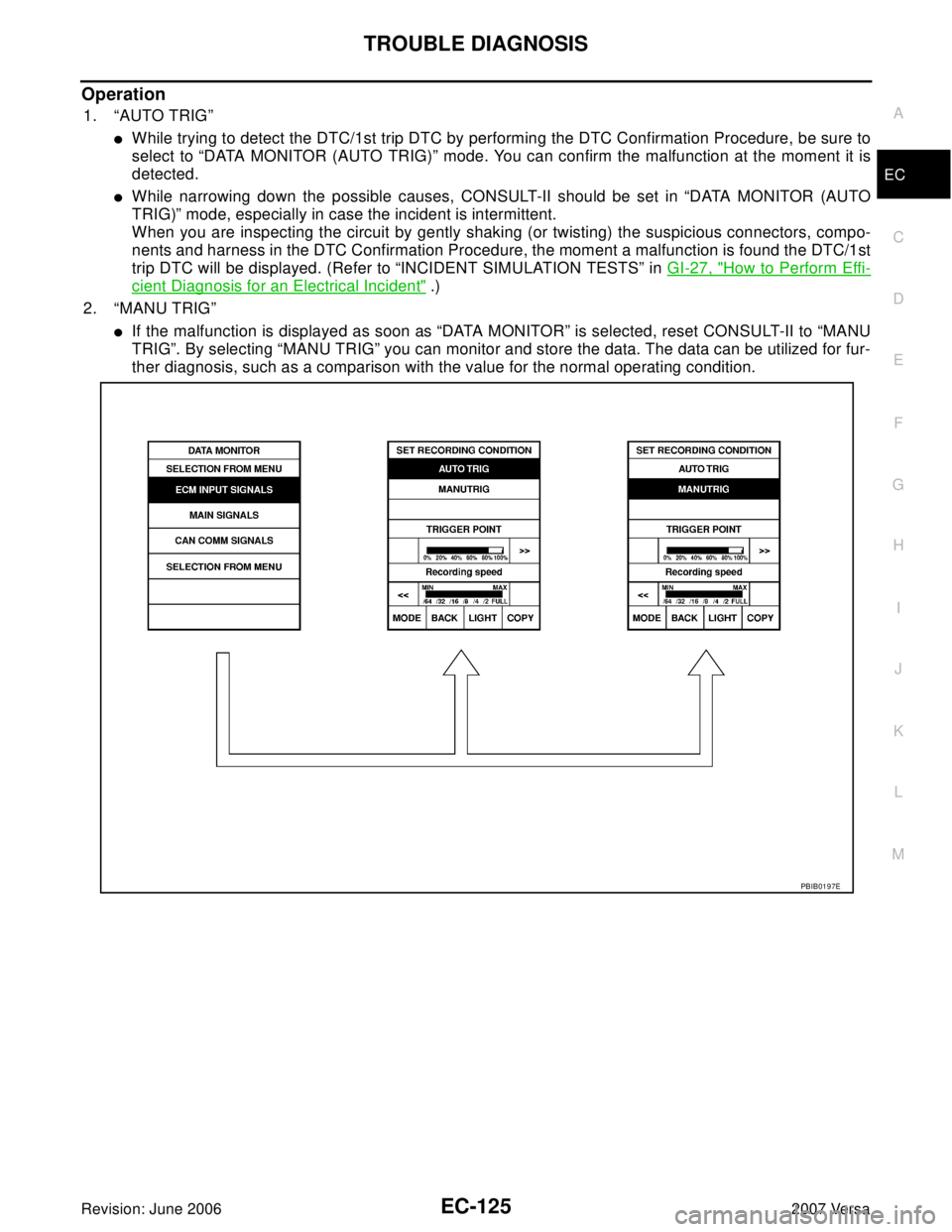NISSAN LATIO 2007  Service Repair Manual TROUBLE DIAGNOSIS
EC-125
C
D
E
F
G
H
I
J
K
L
MA
EC
Revision: June 20062007 Versa
Operation
1. “AUTO TRIG”
While trying to detect the DTC/1st trip DTC by performing the DTC Confirmation Procedure,