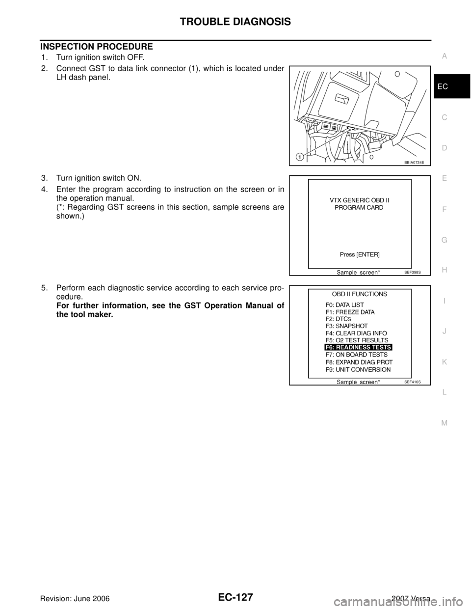NISSAN LATIO 2007  Service Repair Manual TROUBLE DIAGNOSIS
EC-127
C
D
E
F
G
H
I
J
K
L
MA
EC
Revision: June 20062007 Versa
INSPECTION PROCEDURE
1. Turn ignition switch OFF.
2. Connect GST to data link connector (1), which is located under
LH 