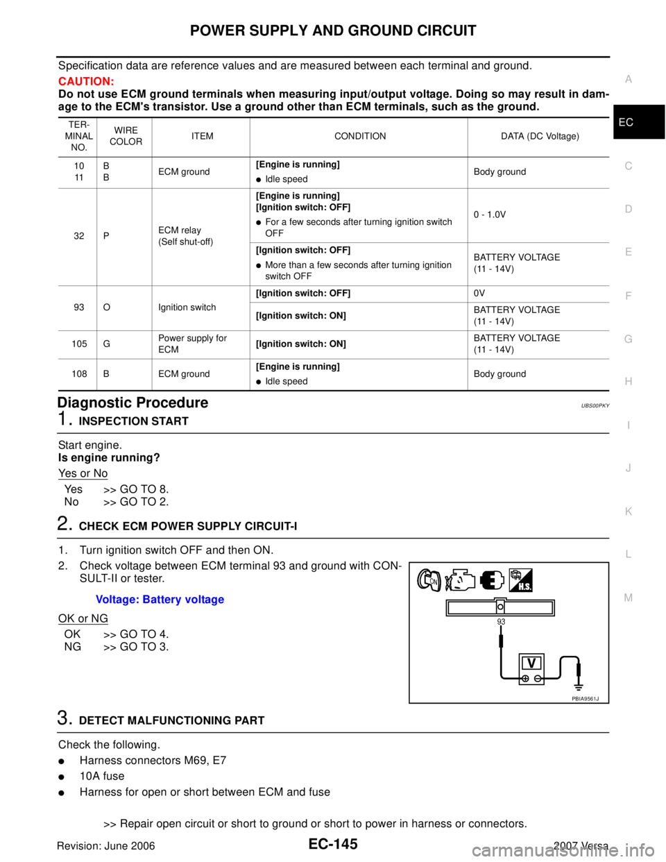 NISSAN LATIO 2007  Service Repair Manual POWER SUPPLY AND GROUND CIRCUIT
EC-145
C
D
E
F
G
H
I
J
K
L
MA
EC
Revision: June 20062007 Versa
Specification data are reference values and are measured between each terminal and ground.
CAUTION:
Do no