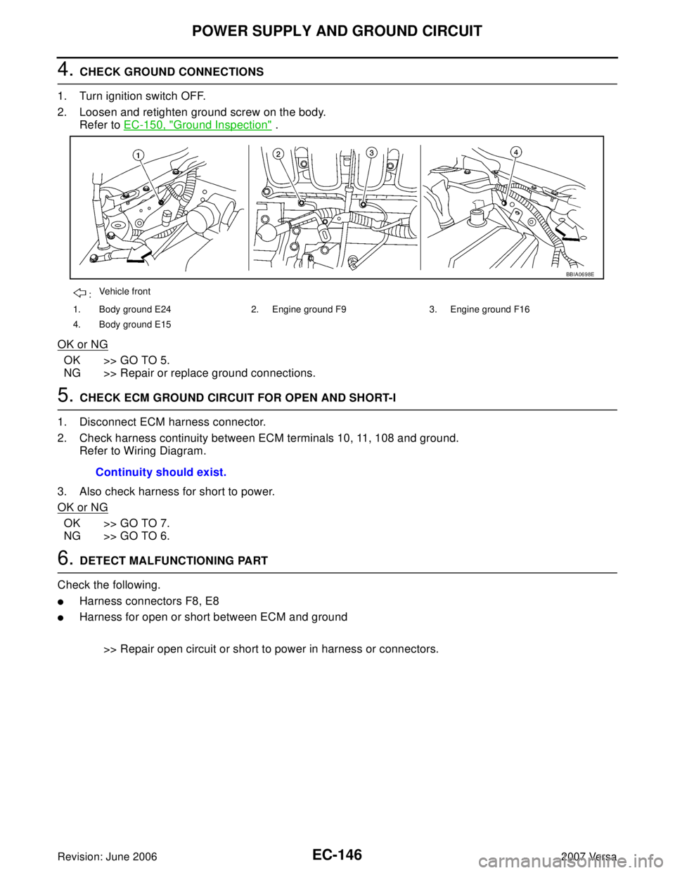 NISSAN LATIO 2007  Service Repair Manual EC-146Revision: June 2006
POWER SUPPLY AND GROUND CIRCUIT
2007 Versa
4. CHECK GROUND CONNECTIONS
1. Turn ignition switch OFF.
2. Loosen and retighten ground screw on the body.
Refer to EC-150, "
Groun