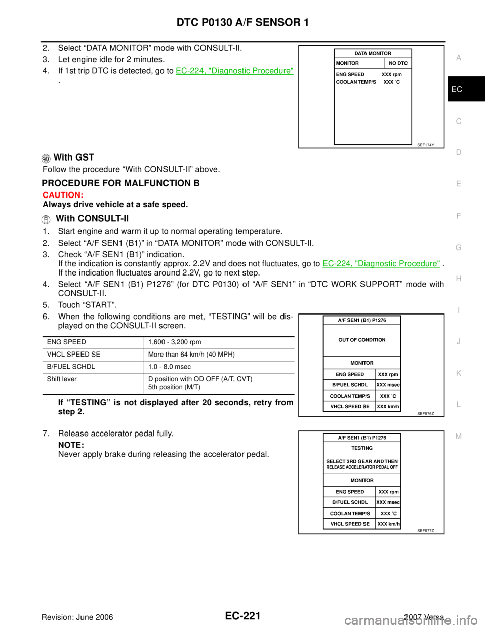NISSAN LATIO 2007  Service Repair Manual DTC P0130 A/F SENSOR 1
EC-221
C
D
E
F
G
H
I
J
K
L
MA
EC
Revision: June 20062007 Versa
2. Select “DATA MONITOR” mode with CONSULT-II.
3. Let engine idle for 2 minutes.
4. If 1st trip DTC is detecte