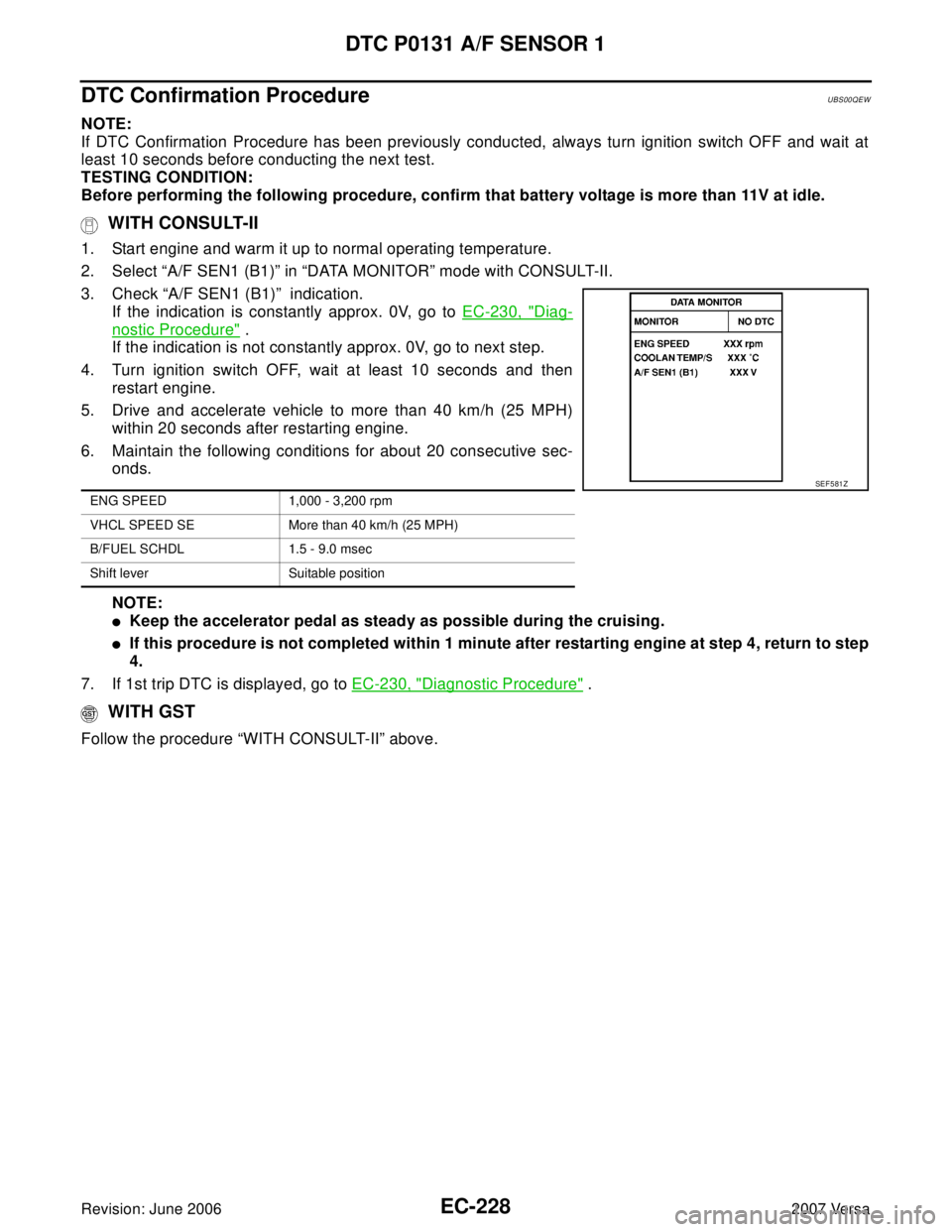 NISSAN LATIO 2007  Service Repair Manual EC-228Revision: June 2006
DTC P0131 A/F SENSOR 1
2007 Versa
DTC Confirmation ProcedureUBS00QEW
NOTE:
If DTC Confirmation Procedure has been previously conducted, always turn ignition switch OFF and wa