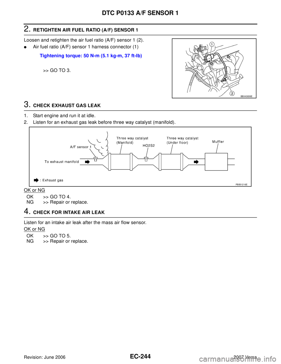 NISSAN LATIO 2007  Service Repair Manual EC-244Revision: June 2006
DTC P0133 A/F SENSOR 1
2007 Versa
2. RETIGHTEN AIR FUEL RATIO (A/F) SENSOR 1
Loosen and retighten the air fuel ratio (A/F) sensor 1 (2).
Air fuel ratio (A/F) sensor 1 harnes