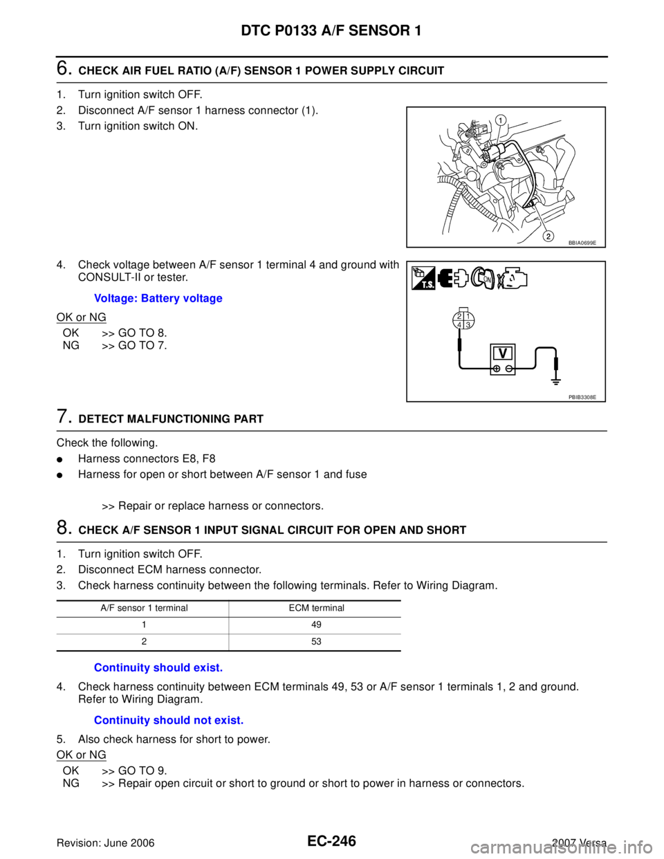 NISSAN LATIO 2007  Service Repair Manual EC-246Revision: June 2006
DTC P0133 A/F SENSOR 1
2007 Versa
6. CHECK AIR FUEL RATIO (A/F) SENSOR 1 POWER SUPPLY CIRCUIT
1. Turn ignition switch OFF.
2. Disconnect A/F sensor 1 harness connector (1).
3