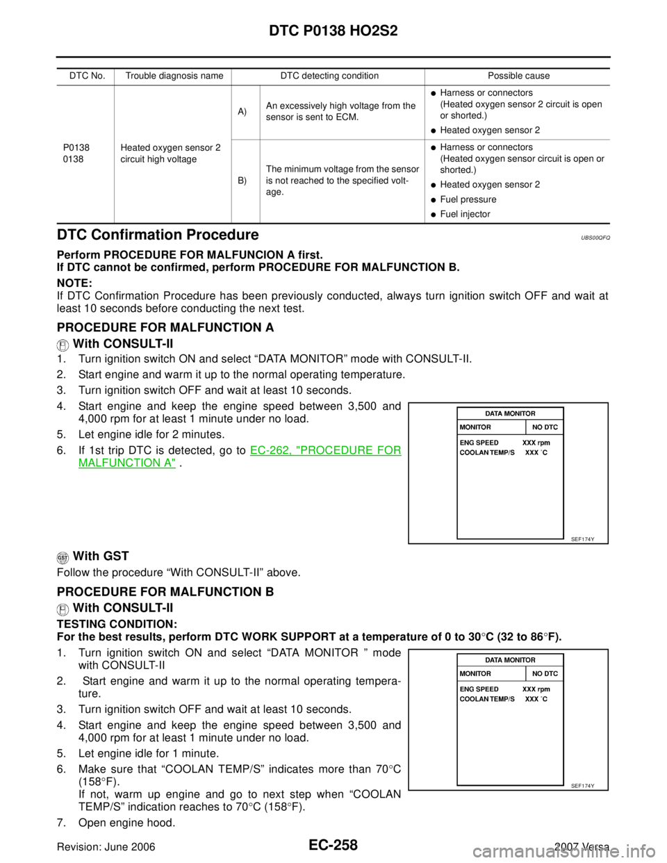 NISSAN LATIO 2007  Service Repair Manual EC-258Revision: June 2006
DTC P0138 HO2S2
2007 Versa
DTC Confirmation ProcedureUBS00QFQ
Perform PROCEDURE FOR MALFUNCION A first.
If DTC cannot be confirmed, perform PROCEDURE FOR MALFUNCTION B.
NOTE: