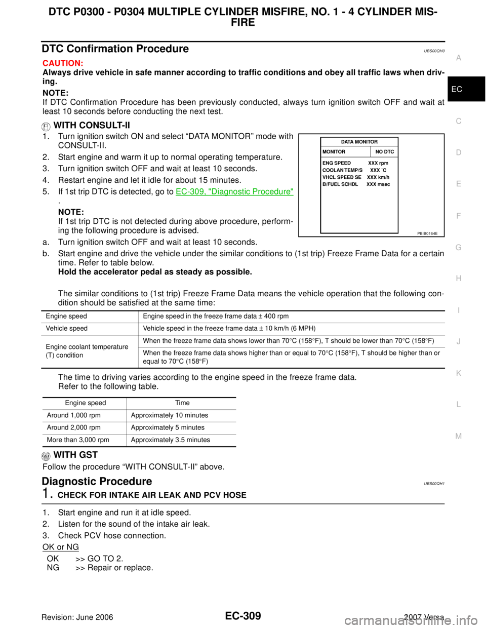 NISSAN LATIO 2007 Service Repair Manual DTC P0300 - P0304 MULTIPLE CYLINDER MISFIRE, NO. 1 - 4 CYLINDER MIS-
FIRE
EC-309
C
D
E
F
G
H
I
J
K
L
MA
EC
Revision: June 20062007 Versa
DTC Confirmation ProcedureUBS00QH0
CAUTION:
Always drive vehicl NISSAN LATIO 2007 Service Repair Manual DTC P0300 - P0304 MULTIPLE CYLINDER MISFIRE, NO. 1 - 4 CYLINDER MIS-
FIRE
EC-309
C
D
E
F
G
H
I
J
K
L
MA
EC
Revision: June 20062007 Versa
DTC Confirmation ProcedureUBS00QH0
CAUTION:
Always drive vehicl