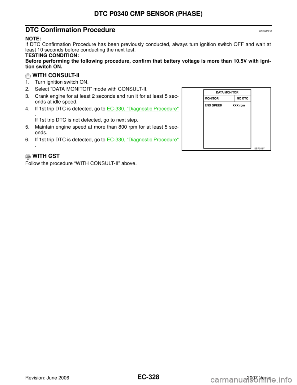 NISSAN LATIO 2007  Service Repair Manual EC-328Revision: June 2006
DTC P0340 CMP SENSOR (PHASE)
2007 Versa
DTC Confirmation ProcedureUBS00QHJ
NOTE:
If DTC Confirmation Procedure has been previously conducted, always turn ignition switch OFF 