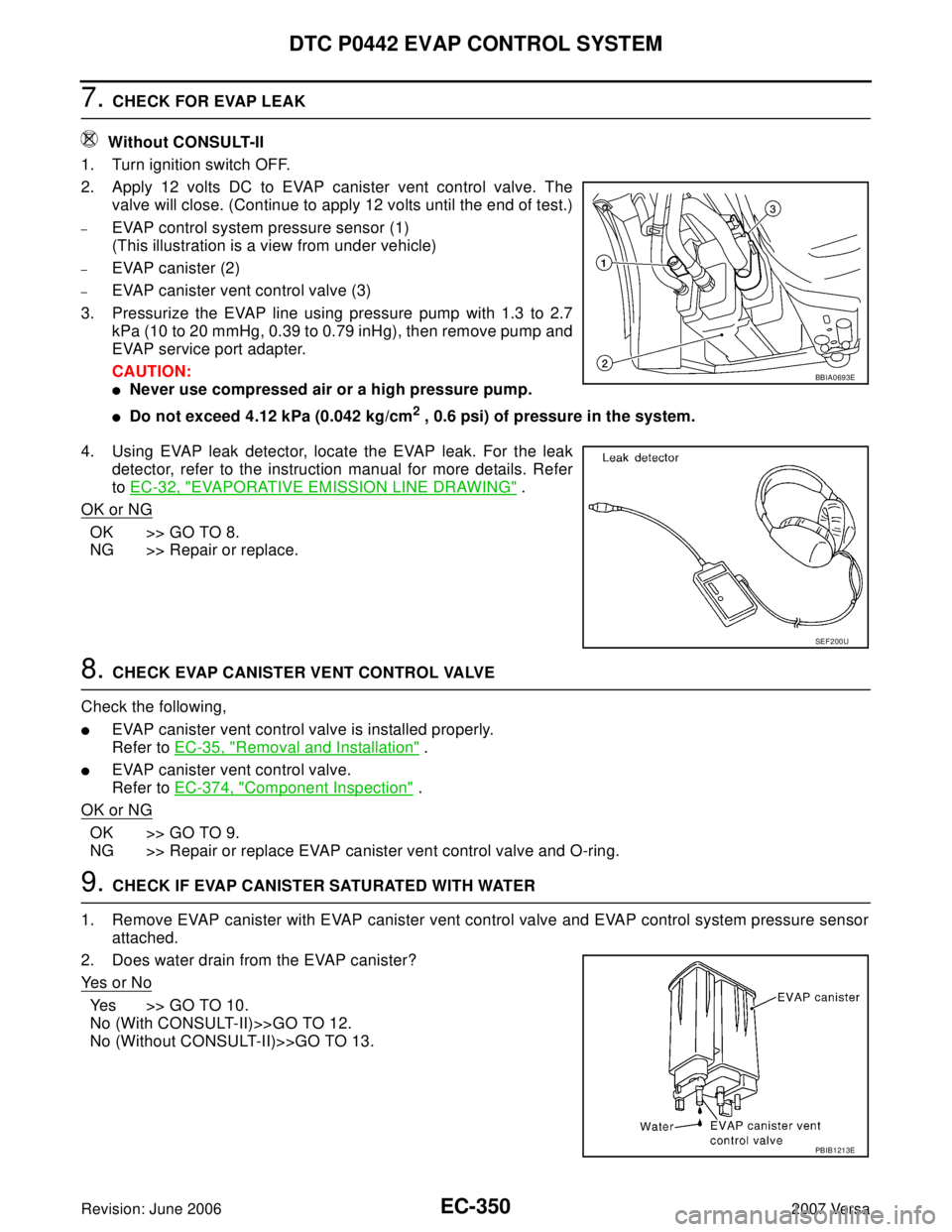 NISSAN LATIO 2007  Service Repair Manual EC-350Revision: June 2006
DTC P0442 EVAP CONTROL SYSTEM
2007 Versa
7. CHECK FOR EVAP LEAK
 Without CONSULT-II
1. Turn ignition switch OFF.
2. Apply 12 volts DC to EVAP canister vent control valve. The