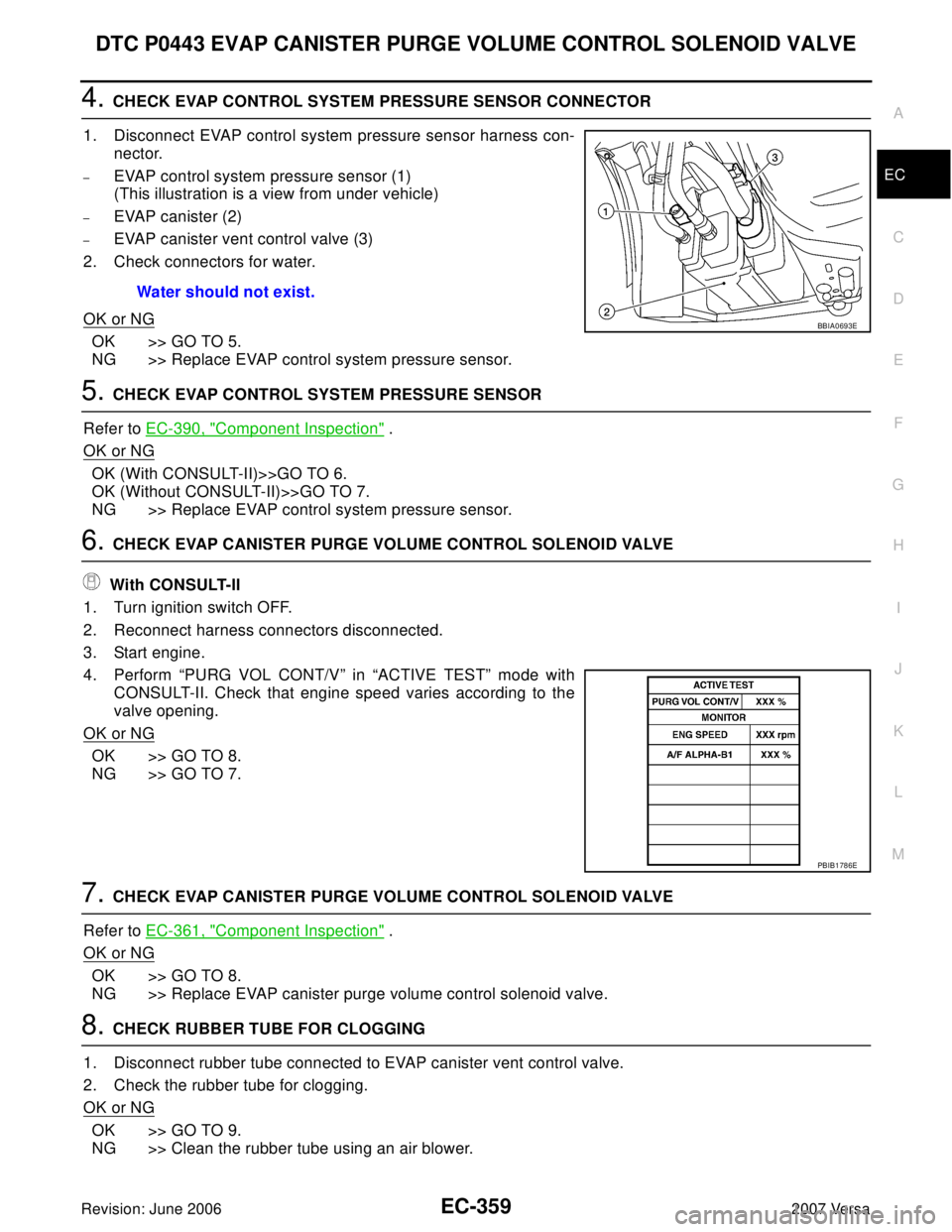 NISSAN LATIO 2007 Service Repair Manual DTC P0443 EVAP CANISTER PURGE VOLUME CONTROL SOLENOID VALVE
EC-359
C
D
E
F
G
H
I
J
K
L
MA
EC
Revision: June 20062007 Versa
4. CHECK EVAP CONTROL SYSTEM PRESSURE SENSOR CONNECTOR
1. Disconnect EVAP con NISSAN LATIO 2007 Service Repair Manual DTC P0443 EVAP CANISTER PURGE VOLUME CONTROL SOLENOID VALVE
EC-359
C
D
E
F
G
H
I
J
K
L
MA
EC
Revision: June 20062007 Versa
4. CHECK EVAP CONTROL SYSTEM PRESSURE SENSOR CONNECTOR
1. Disconnect EVAP con