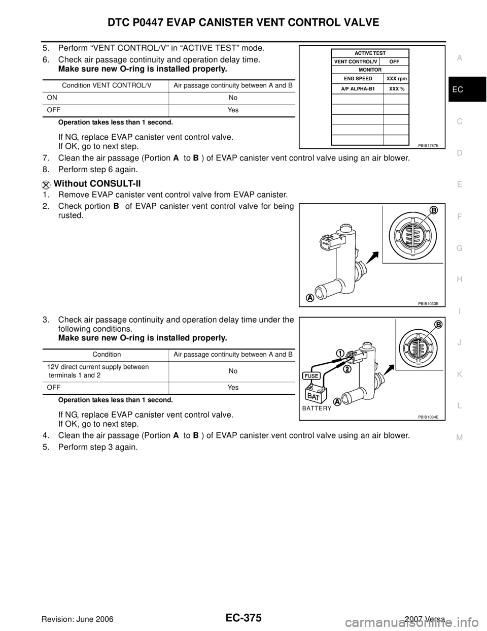NISSAN LATIO 2007  Service Repair Manual DTC P0447 EVAP CANISTER VENT CONTROL VALVE
EC-375
C
D
E
F
G
H
I
J
K
L
MA
EC
Revision: June 20062007 Versa
5. Perform “VENT CONTROL/V” in “ACTIVE TEST” mode.
6. Check air passage continuity and
