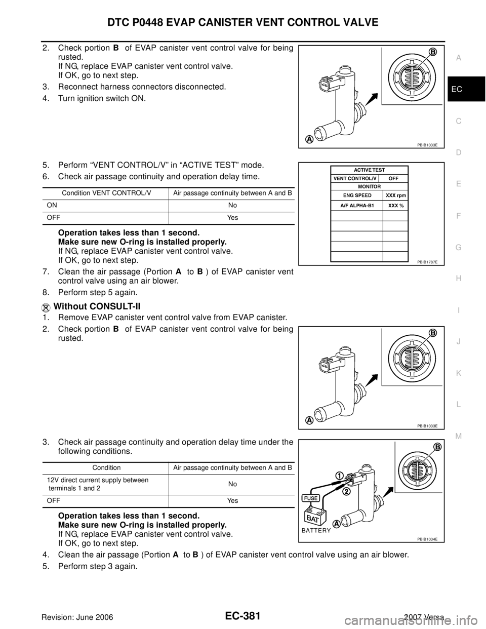 NISSAN LATIO 2007  Service Repair Manual DTC P0448 EVAP CANISTER VENT CONTROL VALVE
EC-381
C
D
E
F
G
H
I
J
K
L
MA
EC
Revision: June 20062007 Versa
2. Check portion B  of EVAP canister vent control valve for being
rusted.
If NG, replace EVAP 