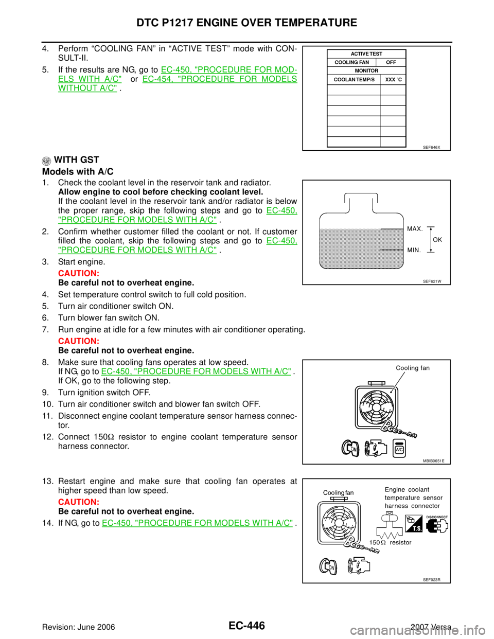 NISSAN LATIO 2007  Service Repair Manual EC-446Revision: June 2006
DTC P1217 ENGINE OVER TEMPERATURE
2007 Versa
4. Perform “COOLING FAN” in “ACTIVE TEST” mode with CON-
SULT-II.
5. If the results are NG, go to EC-450, "
PROCEDURE FOR