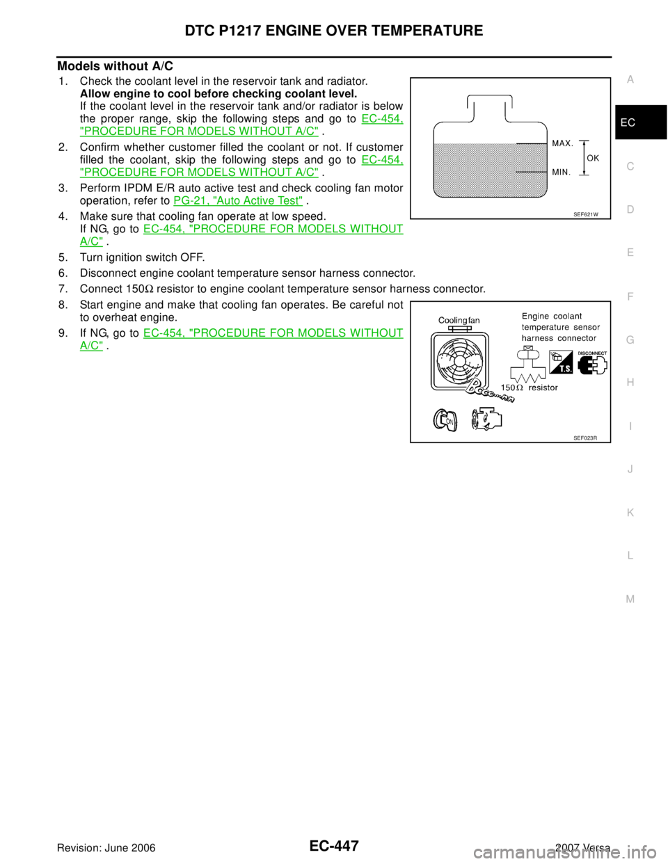 NISSAN LATIO 2007  Service Repair Manual DTC P1217 ENGINE OVER TEMPERATURE
EC-447
C
D
E
F
G
H
I
J
K
L
MA
EC
Revision: June 20062007 Versa
Models without A/C
1. Check the coolant level in the reservoir tank and radiator.
Allow engine to cool 