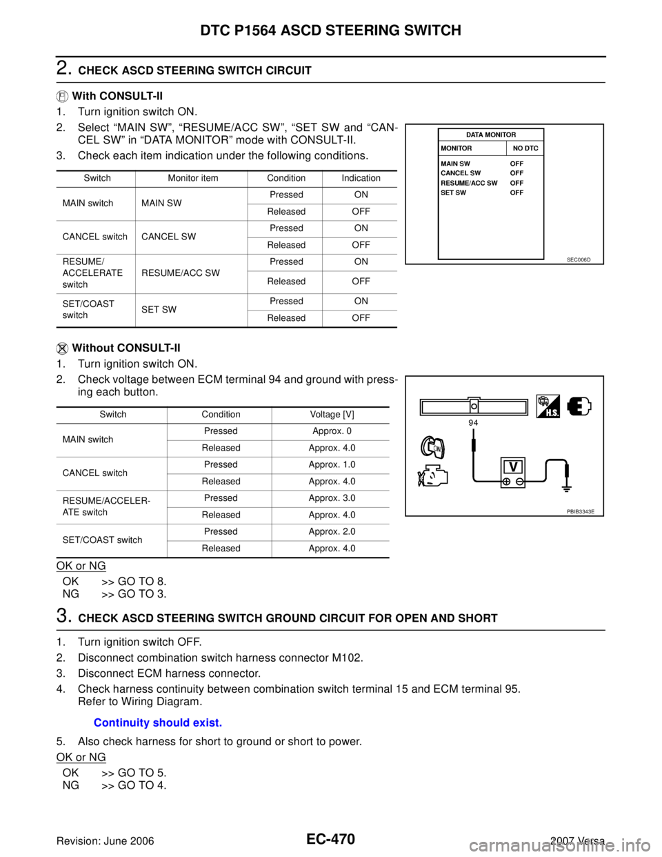 NISSAN LATIO 2007  Service Repair Manual EC-470Revision: June 2006
DTC P1564 ASCD STEERING SWITCH
2007 Versa
2. CHECK ASCD STEERING SWITCH CIRCUIT
 With CONSULT-II
1. Turn ignition switch ON.
2. Select “MAIN SW”, “RESUME/ACC SW”, “