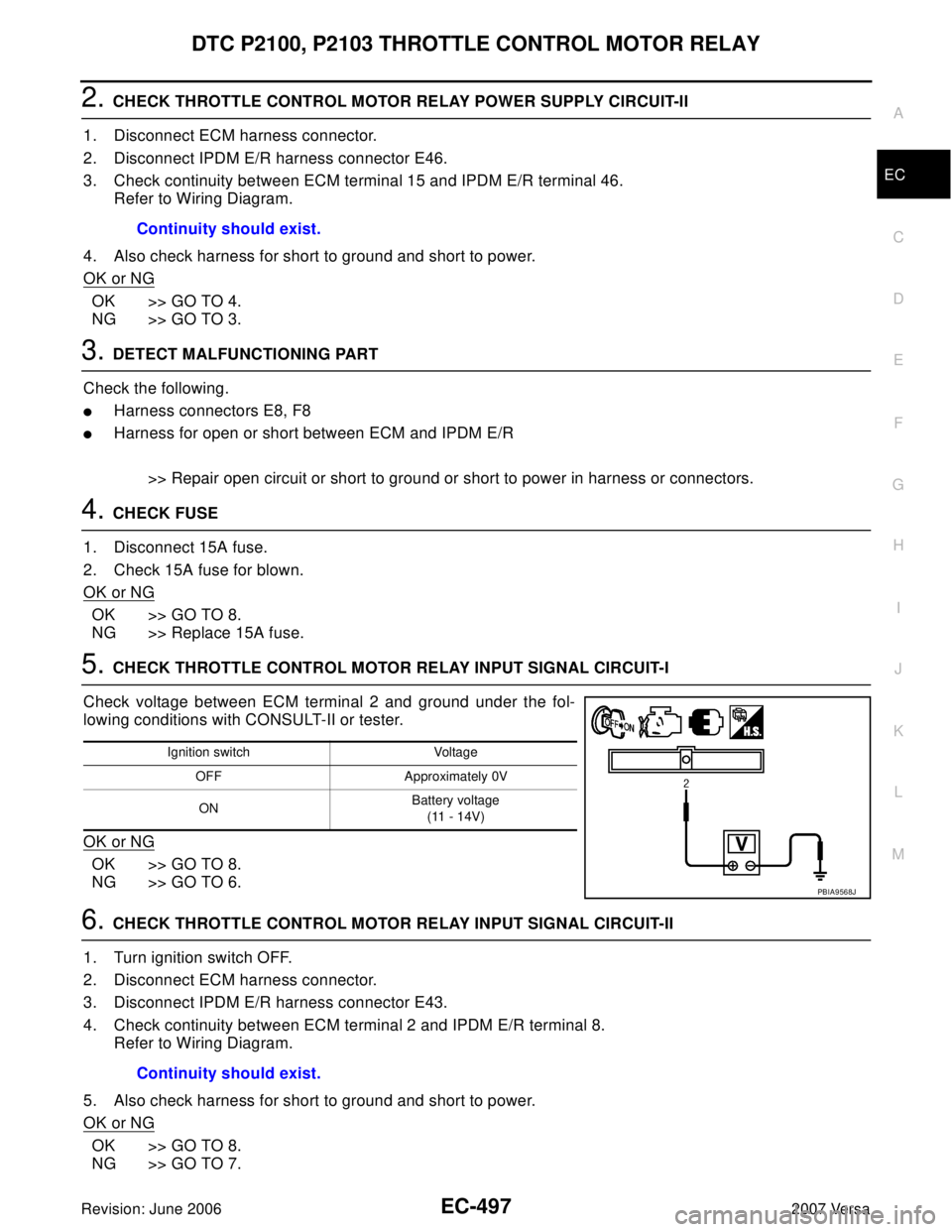 NISSAN LATIO 2007  Service Repair Manual DTC P2100, P2103 THROTTLE CONTROL MOTOR RELAY
EC-497
C
D
E
F
G
H
I
J
K
L
MA
EC
Revision: June 20062007 Versa
2. CHECK THROTTLE CONTROL MOTOR RELAY POWER SUPPLY CIRCUIT-II
1. Disconnect ECM harness con