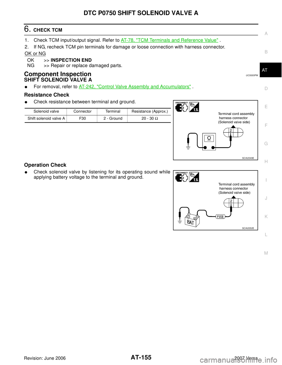 NISSAN LATIO 2007  Service Repair Manual DTC P0750 SHIFT SOLENOID VALVE A
AT-155
D
E
F
G
H
I
J
K
L
MA
B
AT
Revision: June 20062007 Versa
6. CHECK TCM
1. Check TCM input/output signal. Refer to AT-78, "
TCM Terminals and Reference Value" .
2.