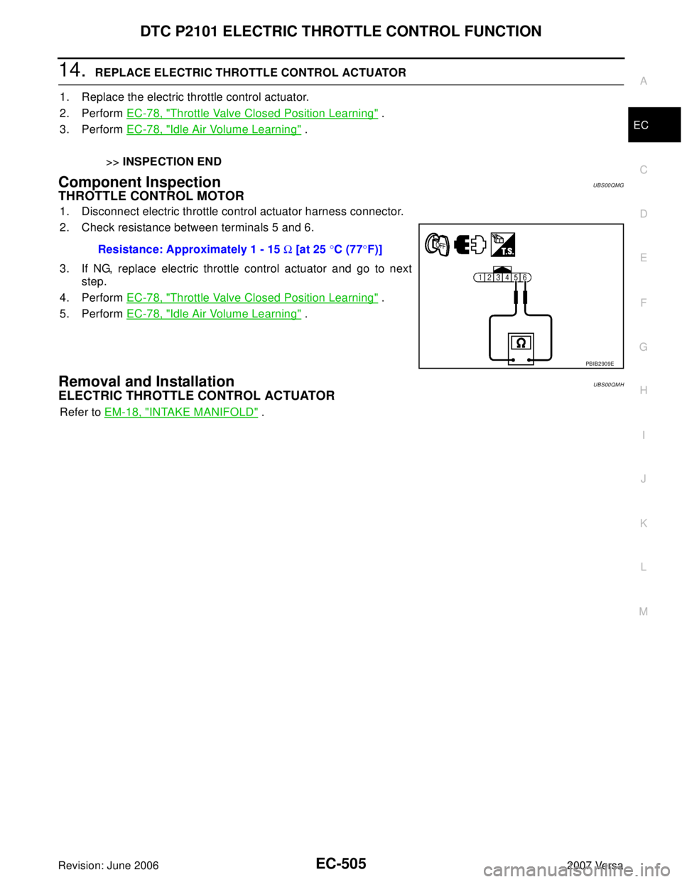 NISSAN LATIO 2007  Service Repair Manual DTC P2101 ELECTRIC THROTTLE CONTROL FUNCTION
EC-505
C
D
E
F
G
H
I
J
K
L
MA
EC
Revision: June 20062007 Versa
14.  REPLACE ELECTRIC THROTTLE CONTROL ACTUATOR
1. Replace the electric throttle control act