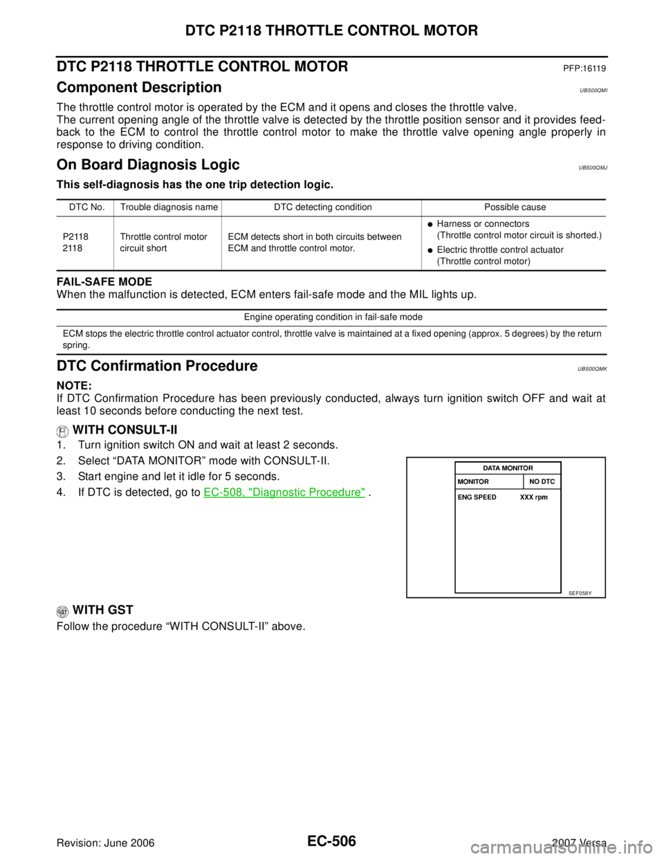 NISSAN LATIO 2007  Service Repair Manual EC-506Revision: June 2006
DTC P2118 THROTTLE CONTROL MOTOR
2007 Versa
DTC P2118 THROTTLE CONTROL MOTORPFP:16119
Component DescriptionUBS00QMI
The throttle control motor is operated by the ECM and it o