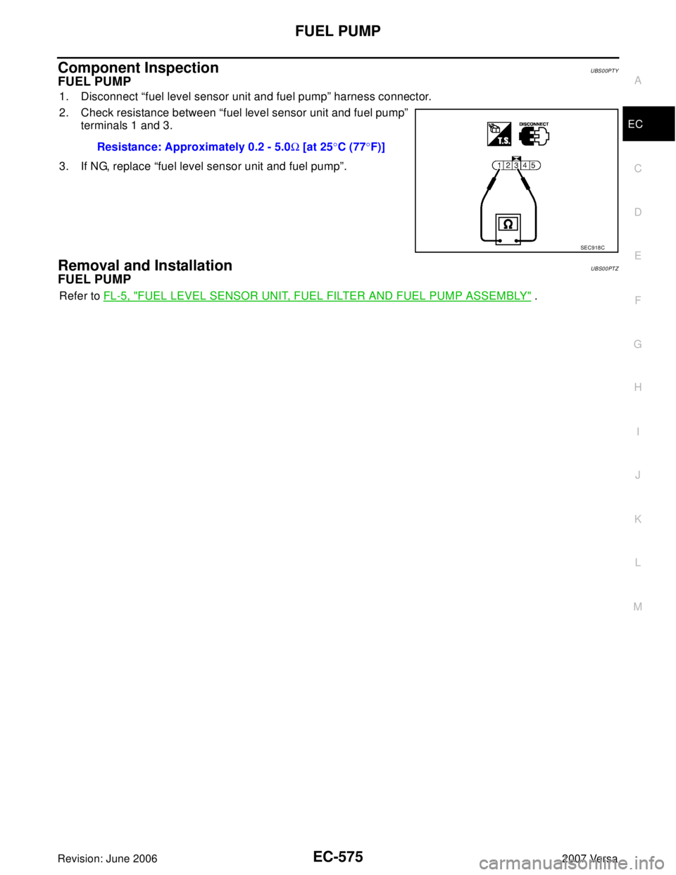 NISSAN LATIO 2007  Service Repair Manual FUEL PUMP
EC-575
C
D
E
F
G
H
I
J
K
L
MA
EC
Revision: June 20062007 Versa
Component InspectionUBS00PTY
FUEL PUMP
1. Disconnect “fuel level sensor unit and fuel pump” harness connector.
2. Check res