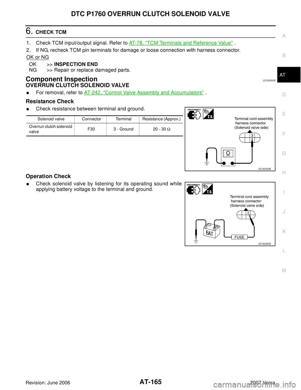 NISSAN LATIO 2007  Service Repair Manual DTC P1760 OVERRUN CLUTCH SOLENOID VALVE
AT-165
D
E
F
G
H
I
J
K
L
MA
B
AT
Revision: June 20062007 Versa
6. CHECK TCM
1. Check TCM input/output signal. Refer to AT-78, "
TCM Terminals and Reference Valu