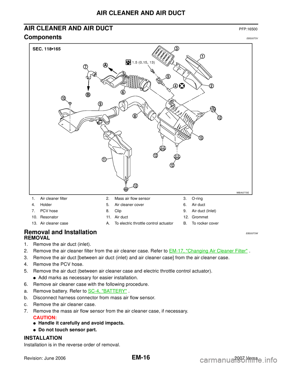 NISSAN LATIO 2007  Service Repair Manual EM-16Revision: June 2006
AIR CLEANER AND AIR DUCT
2007 Versa
AIR CLEANER AND AIR DUCTPFP:16500
ComponentsEBS00T5V
Removal and InstallationEBS00T5W
REMOVAL
1. Remove the air duct (inlet).
2. Remove the