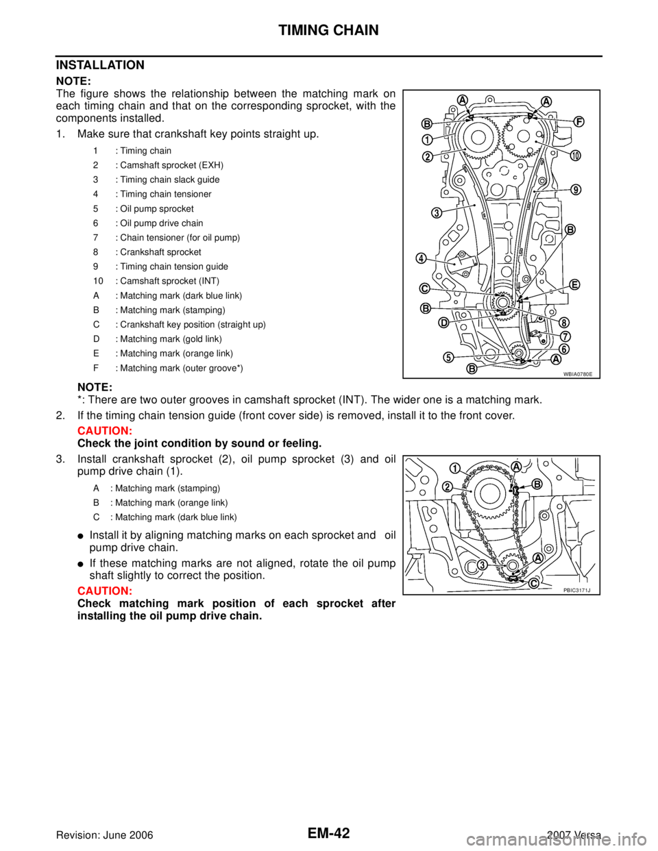 NISSAN LATIO 2007  Service Repair Manual EM-42Revision: June 2006
TIMING CHAIN
2007 Versa
INSTALLATION
NOTE:
The figure shows the relationship between the matching mark on
each timing chain and that on the corresponding sprocket, with the
co