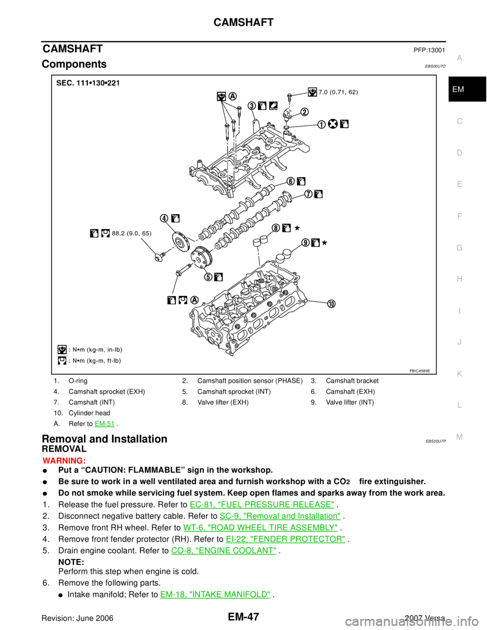 NISSAN LATIO 2007  Service Repair Manual CAMSHAFT
EM-47
C
D
E
F
G
H
I
J
K
L
MA
EM
Revision: June 20062007 Versa
CAMSHAFTPFP:13001
ComponentsEBS00U7O
Removal and InstallationEBS00U7P
REMOVAL
WA RN ING:
Put a “CAUTION: FLAMMABLE” sign in 