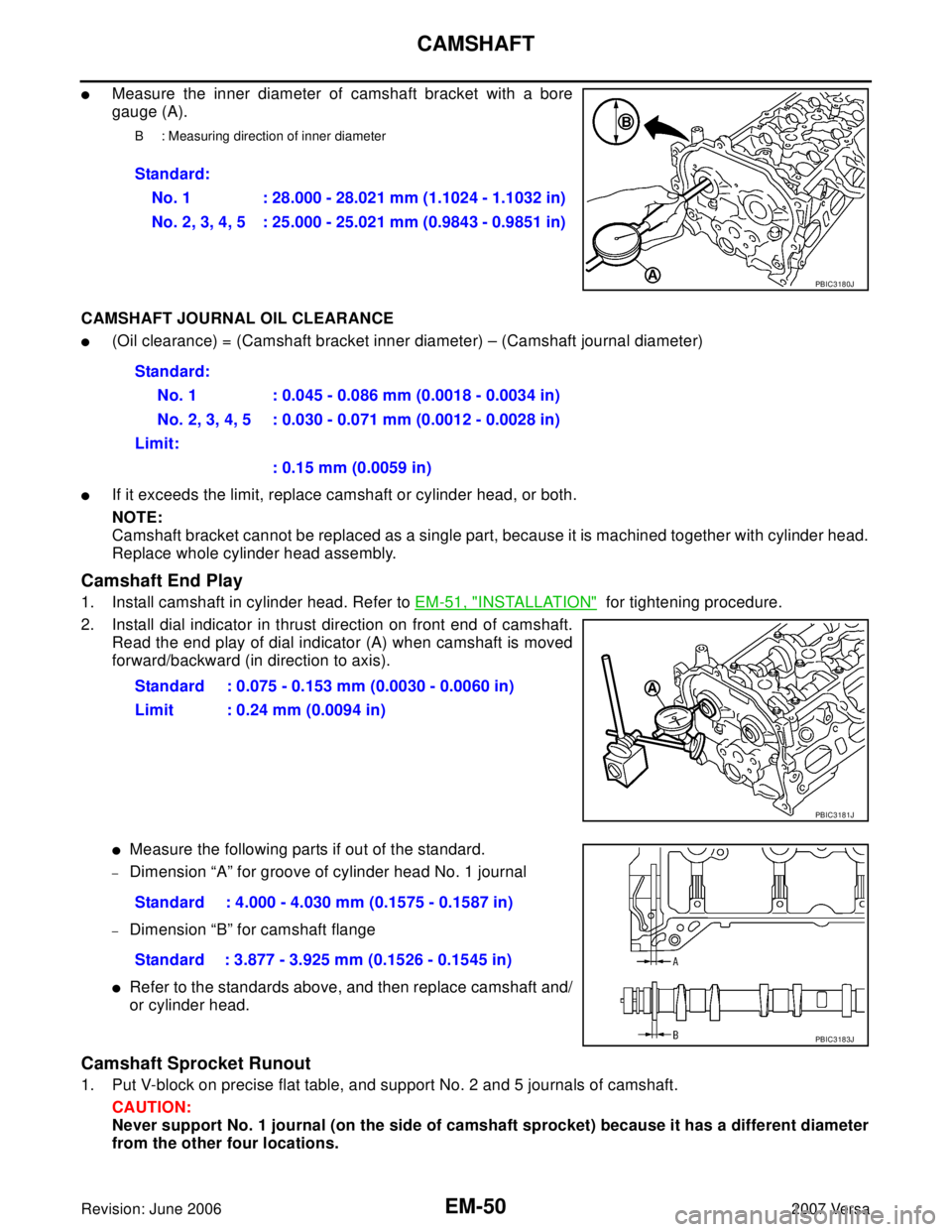 NISSAN LATIO 2007  Service Repair Manual EM-50Revision: June 2006
CAMSHAFT
2007 Versa
Measure the inner diameter of camshaft bracket with a bore
gauge (A).
CAMSHAFT JOURNAL OIL CLEARANCE
(Oil clearance) = (Camshaft bracket inner diameter) 