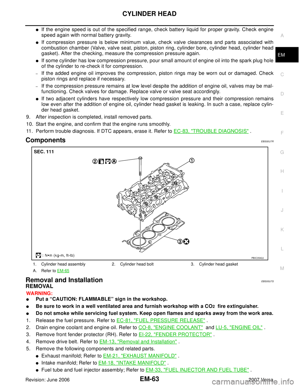 NISSAN LATIO 2007  Service Repair Manual CYLINDER HEAD
EM-63
C
D
E
F
G
H
I
J
K
L
MA
EM
Revision: June 20062007 Versa
If the engine speed is out of the specified range, check battery liquid for proper gravity. Check engine
speed again with n