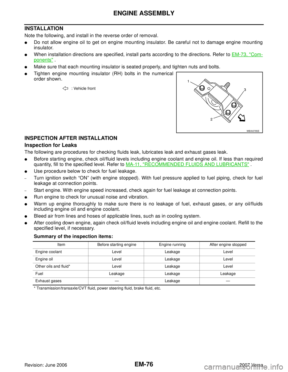 NISSAN LATIO 2007  Service Repair Manual EM-76Revision: June 2006
ENGINE ASSEMBLY
2007 Versa
INSTALLATION
Note the following, and install in the reverse order of removal.
Do not allow engine oil to get on engine mounting insulator. Be caref