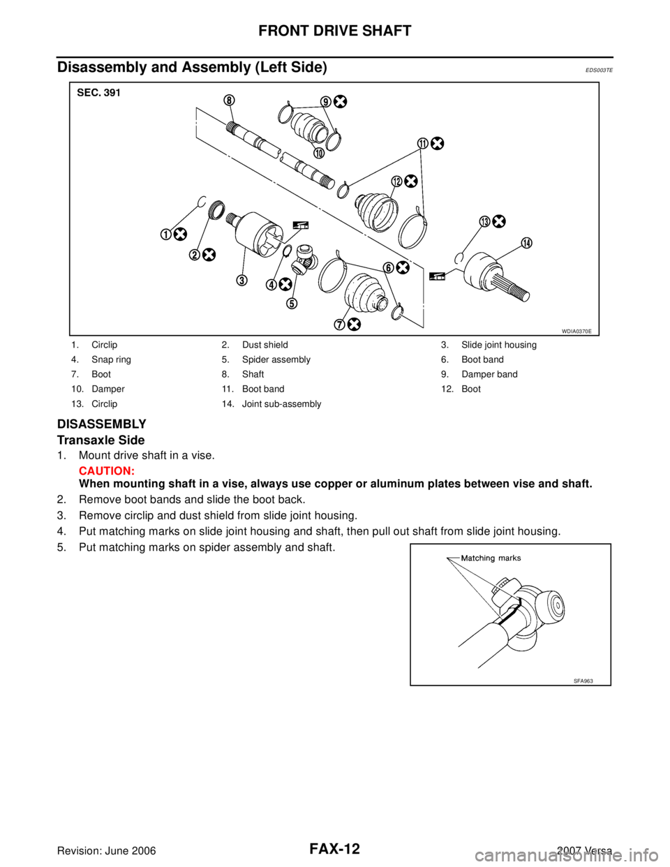 NISSAN LATIO 2007  Service Repair Manual FAX-12
FRONT DRIVE SHAFT
Revision: June 20062007 Versa
Disassembly and Assembly (Left Side)EDS003TE
DISASSEMBLY
Transaxle Side
1. Mount drive shaft in a vise.
CAUTION:
When mounting shaft in a vise, a